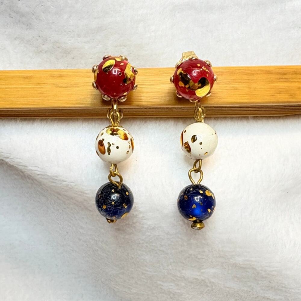 Vintage Red White Blue Earrings • Gold Splatter Lacquer Beads • 1960s Drops